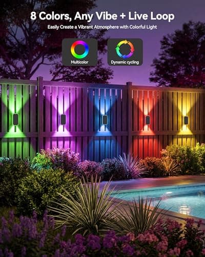 TECKNET Solar Fence Lights Outdoor 8 Pack with Bi-Directional, Uplight & Downlight, Solar Powered Fence Wall Lights Waterproof IP67 8 Colors & RGBW Dynamic Cycling for Outdoor/Patio/Porch/Pool Cage - Thumbnail 2