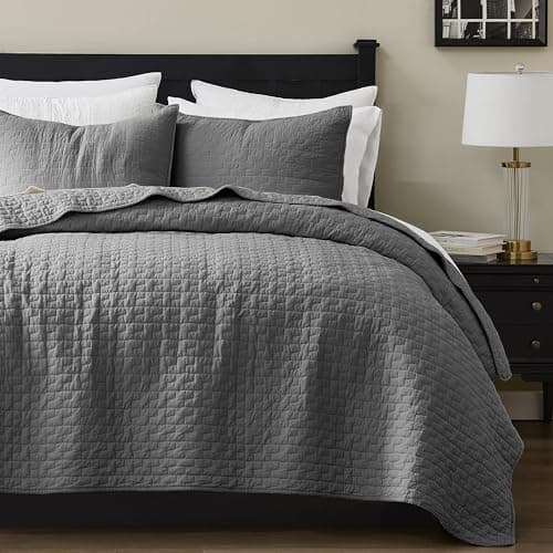 palassio Dark Grey 100% Cotton Quilt Queen Size Bedding Sets with 2 Pillow Shams, Textured Lightweight Soft Bedspread Shabby Chic Coverlet, Quilted Comforter Bed Cover for All Season, 3 Pieces - Image 1