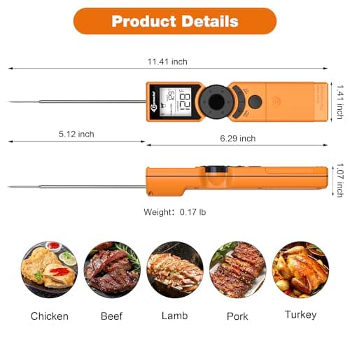 Thermochef Digital Meat Thermometer for Grill, Instant Read Food Thermometers for Cooking with Food Doneness Guide, Calibration and LCD Backlight Screen, High Accuracy ±1% ℉, BBQ Beef Candy Orange - Thumbnail 5