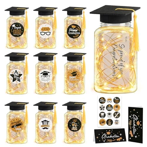9 Pcs Graduation Centerpieces for Tables with LED Lights, Class of 2026 Graduation Tables Decorations, Mason Jar Style with String Lights, Caps, Note Cards, Stickers & Adhesive Spots (Black Gold) - Image 1