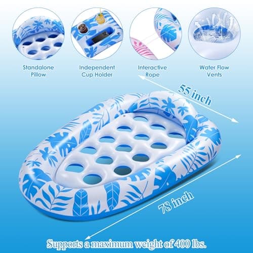 VIWUHUG 2 Pack Blue Giant Inflatable Pool Floats 78x55 Inches Pool Floats Adult Mat with Headrest & Cup Holder Lake Float Raft Water Lounger Multi-Use Swimming Floaty for Party Beach Outdoor - Thumbnail 2