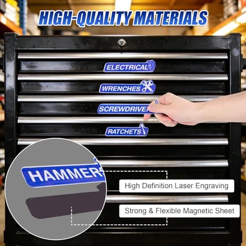 Magnetic Tool Box Labels and Hooks Set, 12 PCS Toolbox Magnetic Labels + 4PCS Self Adhesive Metal Hooks, Reusable Tool Box Accessories Organize for Steel Carts, Drawers, and Cabinets(Blue) - Thumbnail 3