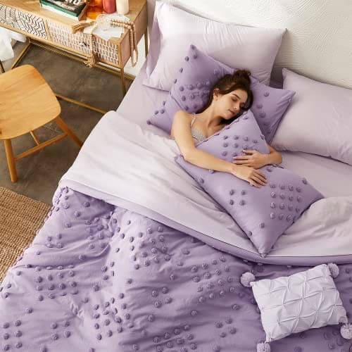 Geniospin Purple Full Comforter Set for Girls- 7 Pieces Pom Tufted Bed in A Bag Full Bedding Sets with Sheets, Pillowcases & Shams, All Season Kids Comforter Set - Thumbnail 2