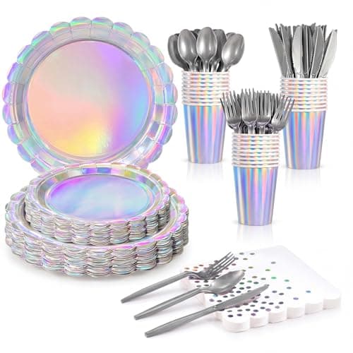 Xiangqu 175 Pcs Iridescent Party Plates and Napkins, Iridescent Party Decorations Include Scalloped Holographic Paper Plates and Napkins Set for Birthday, Mermaid, Disco, Frozen - Image 1