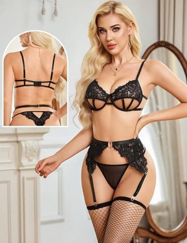Avidlove Black Garter Lingerie Sets for Women Sexy Underwire Bra and Panty Stockings Hollow Out Lace Lingerie - Thumbnail 5