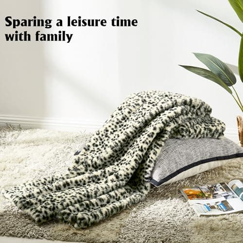 JONIYEAR Soft White Snow Leopard Faux Rabbit Fur Blanket Twin Size 60" x 70",Oversized Luxe Cozy Fluffy Cheetah Blankets for Sofa,Reversible Fuzzy Warm Animal Printed Blanket for Women Winter,Washable - Thumbnail 5