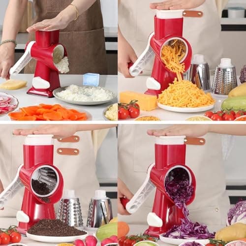 Rotary Cheese Grater with Handle, Multifunctional Kitchen tool, Stainless Steel Rotary Grater Slicer for Fruit, Vegetables, Nuts (Red) - Thumbnail 3