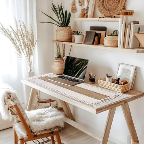 yuboo Boho Coffee Table Runner 48 Inch, Spring Farmhouse Burlap Dresser Runner Scarf, Rustic Macrame Runner for Round Table, TV Stand, Entryway Console, Neutral Easter Decor - Thumbnail 5