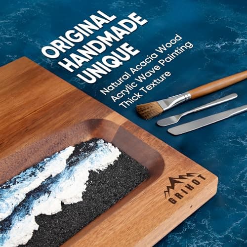 Magnetic Knife Block, Double Sided Kitchen Knife Holder for Countertop, Freestanding Acacia Wood Knife Organizer with Hand-Painted Wave Textured Abstract Painting (Black Blue) - Thumbnail 3