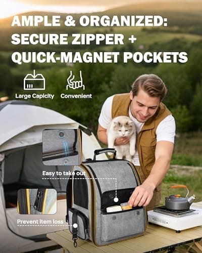 Cat Backpack Carrier with Detachable Round Play Tunnel, 2 in 1 Expandable Cat Backpack with Breathable Mesh,Cat Carrying Backpack for Cat 17lbs & Small Dog 13lbs,Grey Orange. - Thumbnail 6