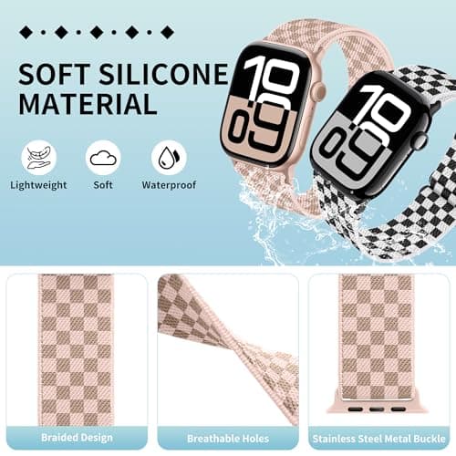 XSMDAJDTXZ 2 Pack Stretchy Solo Loop Compatible with Apple Watch Band 40mm 41mm 44mm 45mm 46mm 49mm 38mm 42mm Women Men, Sport Nylon Elastic Straps Braided Wristbands for iphone Watch Series 11 10 9 8 7 6 5 4 3 Ultra SE (Black white/pink, 38mm/40mm/41mm/42mm(Series 10)) - Thumbnail 3