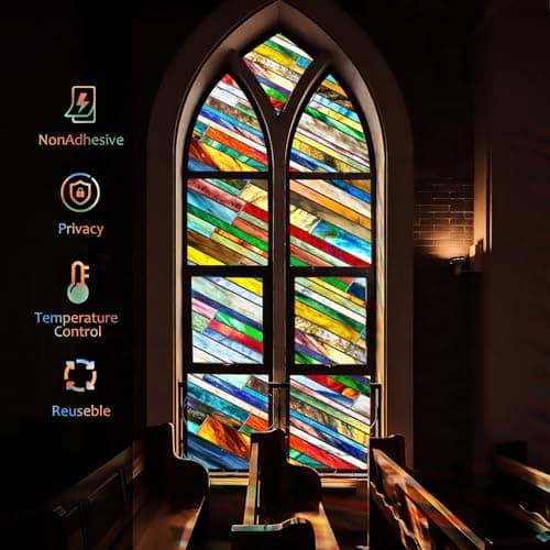 SUNBABY Stained Glass Window Privacy Film: 3D Decorative Vintage Static Clings, Day and Night Privacy, Renter-Friendly Non-Adhesive Sticker for Home Bathroom Door Window Coverings,16.9 x 39.4 Inch - Thumbnail 3