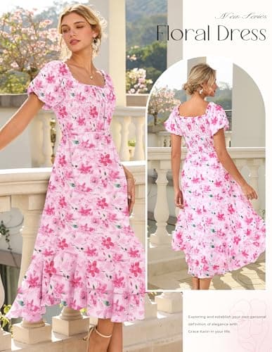 GRACE KARIN Womens Summer Floral Maxi Dress 2026 Flowy Wedding Guest Dress A Line Boho Dresses Fashion Clothing with Pockets Pink Floral XL - Thumbnail 2