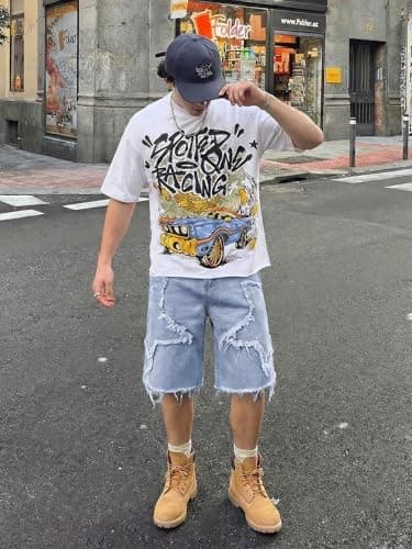 JMIERR Men's Jorts Baggy Loose Fit Comfy Wide Leg Vintage Y2K Hip Hop Streetwear Summer Knee-Length Star Jean Shorts Beau Blue, X-Large - Thumbnail 3
