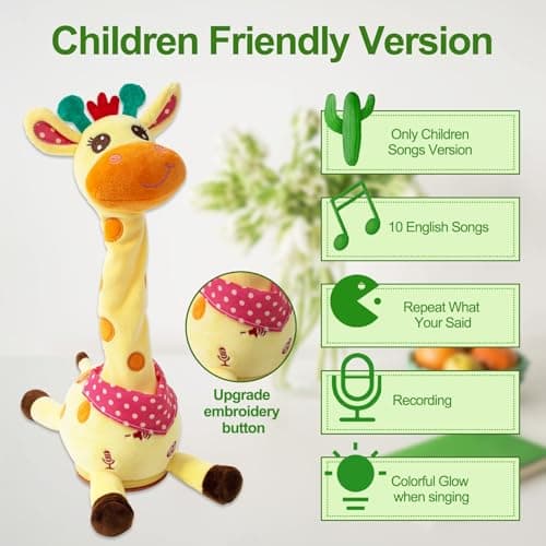 MIAODAM Dancing Giraffe Toy Stuffed Plush, Musical Baby Toys Singing 10 Children's Song Repeats What You Say, Cute Interactive Talking Giraffe Gift for Baby and Kids 1-3 Years Old - Thumbnail 2