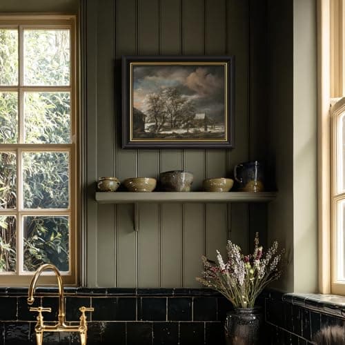 DAJONART Vintage Gold Framed Moody Winter Wall Art, Snowy Village Landscape with Dog & Cottage, Framed Canvas Prints Painting Christmas Decor, Rustic Holiday Gift for Home, 8x10 - Thumbnail 4