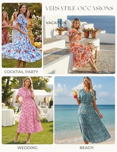 GRACE KARIN Casual Summer Dress for Women 2026 V-Neck Short Sleeve Ruffle Maxi Dress Blue Green Floral XXL - Thumbnail 5