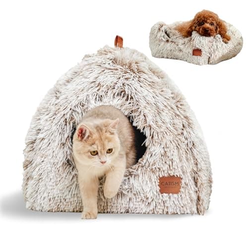 CATISM Cat Bed, Cat Cave for Indoor Cats, Soft Cat Dome, Self-Warming 2 in 1 Foldable Pet Cat House with Washable Cushioned Pillow Calming Fluffy Dog Beds for Small Dogs with Anti-Slip Bottom Brown - Image 1