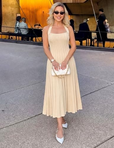MEROKEETY Women's 2026 Spring Summer Sweater Dress Casual Halter Sleeveless Elegant Ribbed Knitted Bodycon Midi Dresses, Apricot, Small - Thumbnail 6