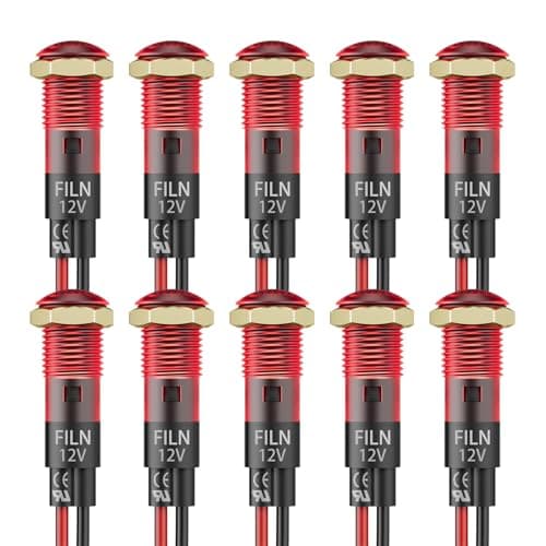 FILN 10PCS Small 12V LED Indicator Light, 8mm (5/16") IP67 Waterproof Low Power Pilot Lights Panel Mount for Car, Truck, Boat, Marine, Dash(12v-24v, Red)