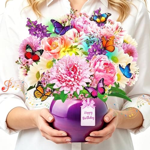 Rayilyn Happy Birthday Musical Cards for Women Mom, 3D Pop-Up Greeting Card with Light & music, 10 Inch Peony & Gerbera Flower Bouquet & Butterflies Design Gift Card for Woman, Lady, Sister