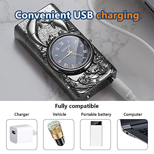 GADATOP Electric Lighter Rechargeable Windproof Lighter Plasma Lighters with 3D Dolphin Relief Built-in Clock LED Light for Daily Use Travel Essentials (Black) - Thumbnail 5
