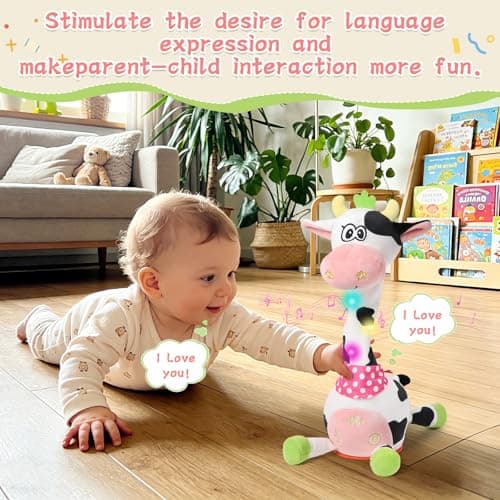 LLUKEME Cute Easter Dancing Cow Plush Toy with Wiggling Neck | LED Lights | Voice Record & Repeat | 10 Children’s Songs | Safe Toy for Boys Girls Age 1-3 | Easter Gifts for Toddlers - Thumbnail 5