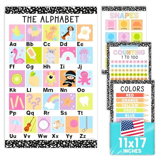 ABC Posters for Classroom Wall Decor - Learning Posters for Toddlers 1-3, Alphabet Poster for Toddlers, ABC Chart for Wall, 1-100 Number Chart Colors and Shapes, Pastel Laminated Educational Poster