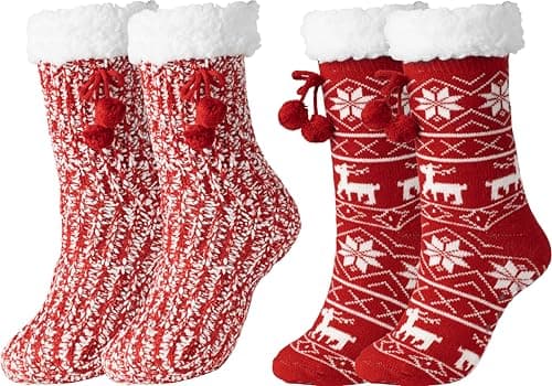 BenSorts Winter Thick Fuzzy Slipper Socks for Women Christmas Warm Cozy Grip Female Socks Slipper Non Slip Cute Wife House Sherpa Socks Holiday Gift Christmas Red Red 2 Pairs - Image 1