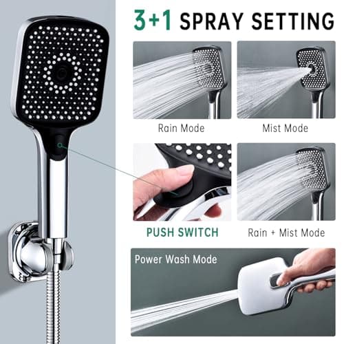 V-Frankness Shower Heads with Handheld Spray Combo, 13 Inches Rain Shower Head with 4 Mode Handheld Wand, and 13 Inches Adjustable Extension Arm, 3 Way Diverter Valve, Extra Long Hose (Chrome) - Thumbnail 5