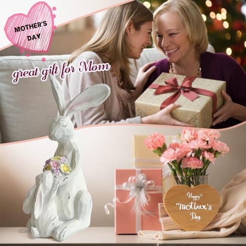 LIFFY Easter Bunnies Statue Home Decor - Charming Hand Painted Resin Rabbit Figurines with Flower, Pretty Spring Home Decor & Gift - Thumbnail 5