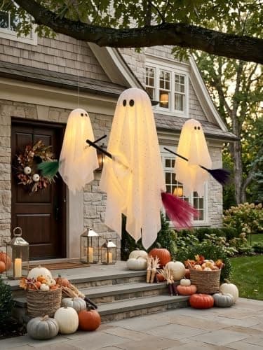 Halloween Decorations Outdoor, 3 Pack Hanging Ghosts on Brooms with Built-in Warm Lights, Flying Ghost Family Decor, Floating Gauze Ghost for Tree, Porch, Yard, Patio, Indoor Halloween Decorations - Thumbnail 3