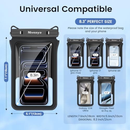 Niveaya IPX8 Double Space Waterproof Phone Pouch (up to 8.3") -2 Pack Waterproof Phone Case with Lanyard for iPhone 17 16 15 Pro Max,Touchscreen & Underwater Photography, Beach Cruise Essentials 2026 - Thumbnail 6