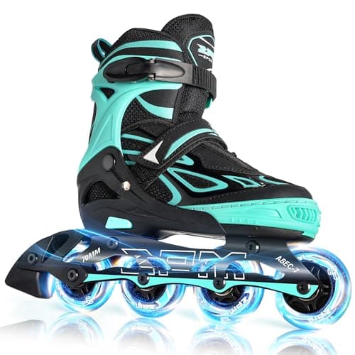 2PM SPORTS Vinal Girls Adjustable Flashing Inline Skates, All Wheels Light Up, Fun Illuminating Skates for Kids Women and Men Adults Boys - Mint Extra Large