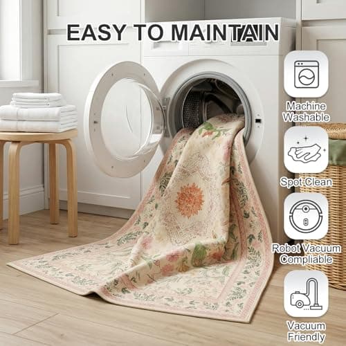 Cnythlis 2'x3' Boho Small Area Rug, Washable Non-Slip Silicone Backing Door Mat, 0.26" Low Pile Faux Wool Foldable Rug for Entryway Bathroom Kitchen Indoor Decor, Garden Pink - Thumbnail 6