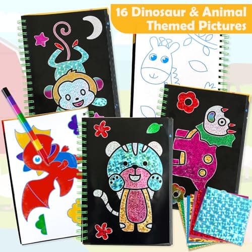 FUNNYB&G Foil Art Craft Kit for Girls 4-10 Years Old: Mess-Free & No-Glue, Create 16 Sparkly Dinosaur& Animal Pictures – Perfect Travel Toy & Birthday Gift for Kids (Dinosaur Animal) - Thumbnail 6