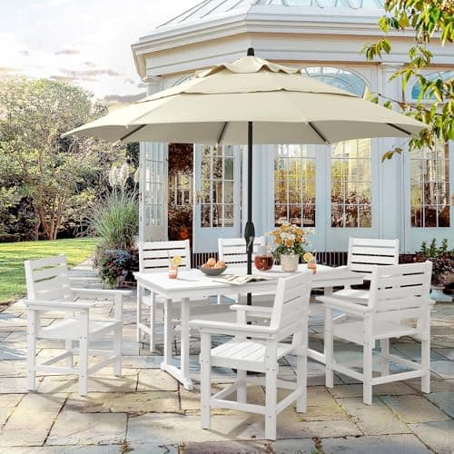 Homenjoy 7 Piece Patio Dining Set, 66" Rectangle HDPS Weather Resistant Outdoor Table & 6 Patio Chairs Set with 1.96" Umbrella Hole, Heavy Duty Chairs for Backyard Balcony Deck, White - Thumbnail 3