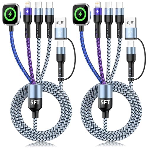 Jogrytece Multi Charging Cable for iWatch Charger, 5FT 2Packs 4 in 2 Chargers for Multiple Devices, Travel Essentials USB A&C/Dual Type-C/IP Cord Compatible with iWatch/iPhone 17-11/Car - Image 1