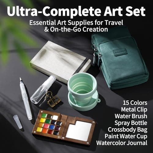 Mini Watercolor Paint Set, All-in-One 15-Color Walnut Wood Travel Kit with Crossbody Bag, Watercolor Journal, Metal Clip, Water Cup, Water Brush, Portable Pocket Art Set for Adult Art Lovers (Green) - Thumbnail 3