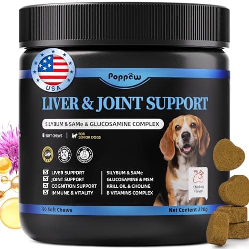 POPPAW Senior Dog Liver & Joint Supplement – Same, Milk Thistle (Silybin), Glucosamine, MSM for Liver Health Detox, Mobility, Joint Pain Relief, Cognitive & Vitality Support, Chicken Flavor, 90Ct
