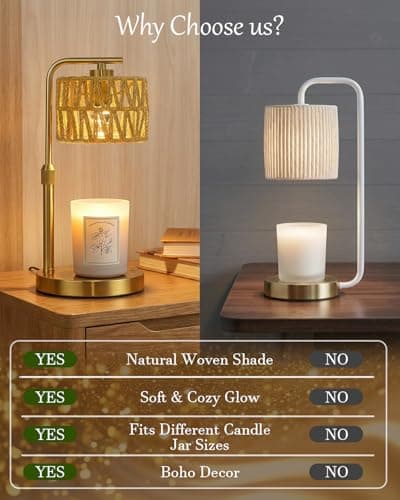 Candle Warmer Lamp with Timer, Dimmable Candle Warmer for Jar Candles, Height Adjustable Candle Lamp Warmer, Boho Rattan Lampshade and 2 Bulbs, Gift for Home Room Decor, Gifts for Women Mom (Gold) - Thumbnail 4