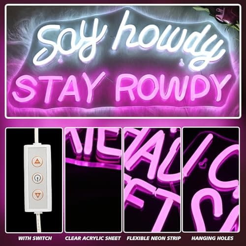 VVYXX Say Howdy Stay Rowdy Neon Sign Wall Decor Dimmable Neon Light for Man Cave Pub Beer Bar Bedroom Recreation Room Gift - Thumbnail 4