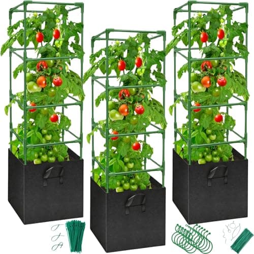 Jesosia 3 Pack Tomato Cages with 17 Gallon Grow Bags - 48 Inch Square Plant Support Trellis Tomato Planter Pots Kit - Garden Stakes for Vertical Climbing Plants Vegetable Flower Fruit Outdoor Indoor - Image 1