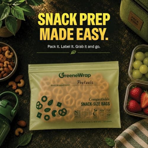 GreeneWrap Compostable Snack Bags, 50 Count, Extra Thick 2 Mil, Resealable Leak-Proof Zipper, BPI Certified, ASTM D6400, Snack Size Food Storage Bags - Thumbnail 4