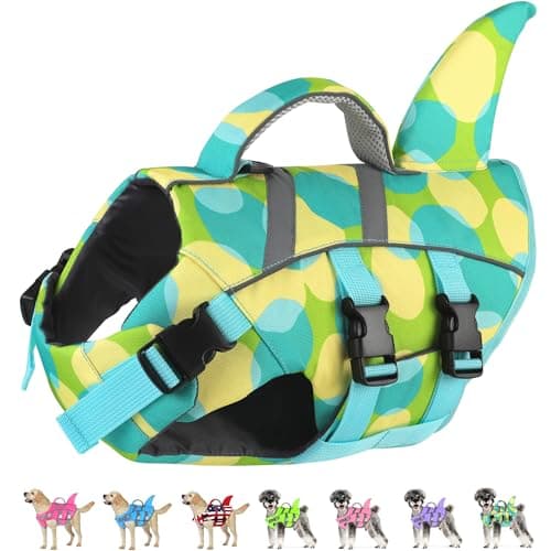 Dogcheer Dog Shark Swim Vest, Adjustable Reflective Life Jacket with Handle, High Buoyancy Pet Float Vest for Pool, Lake, Beach, Kayaking, Boating Adventures - Colorful Green,XS