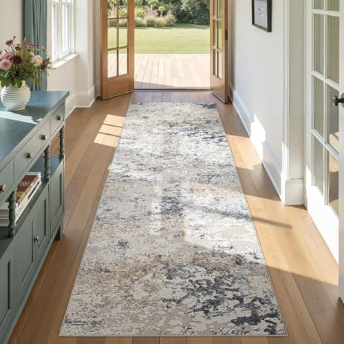 DMOYEST Washable Runner Rug for Hallway: 3x8 Neutral Modern Abstract Low Pile Area Rug with Non-Slip Backing - Carpet for Bedroom Kitchen Laundry Entryway Bathroom Indoor - Beige Blue - Image 1