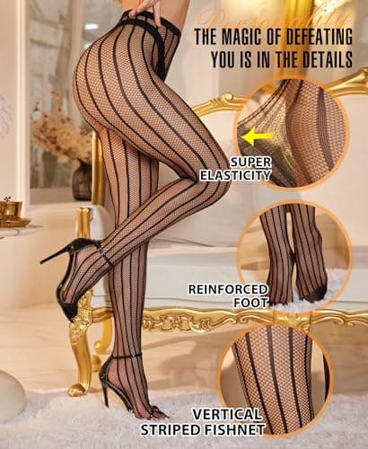 RSLOVE Women Sexy Fishnet Tights - High Waist Fishnet Striped Pantyhose Mesh Stockings Lingerie for Women Black - Thumbnail 3