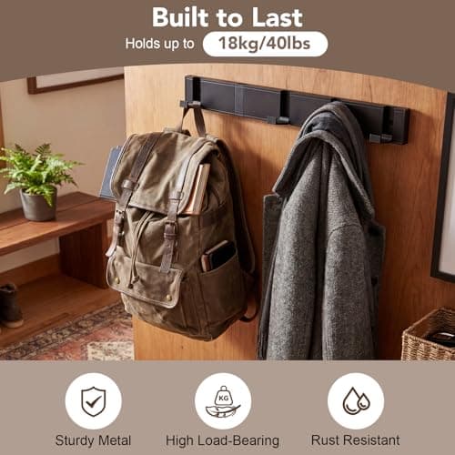Dntorx Wall Coat Rack with 5 Foldable Hooks, Black Metal Coat Hooks Hanger - Thumbnail 4