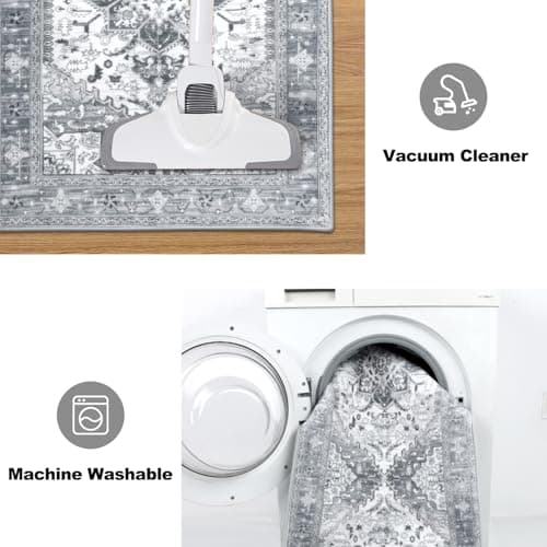 Yamaziot Boho Washable Kitchen Rugs Sets of 3, Non Slip Kitchen Mats for Floor with Rubber Backing, Waterproof & Stain Resistant Thick Carpet Runner Throw Rugs for Kitchen, Laundry Room, Hallway, Grey - Thumbnail 5