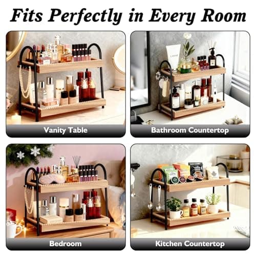 Xumilas 2-Tier Bathroom Countertop Organizer with 8 Hooks -Wooden Perfume & Makeup Storage Tray for Vanity Dresser, Farmhouse Skincare Organizer & Jewelry Holder for Kitchen Coffee Station - Thumbnail 6
